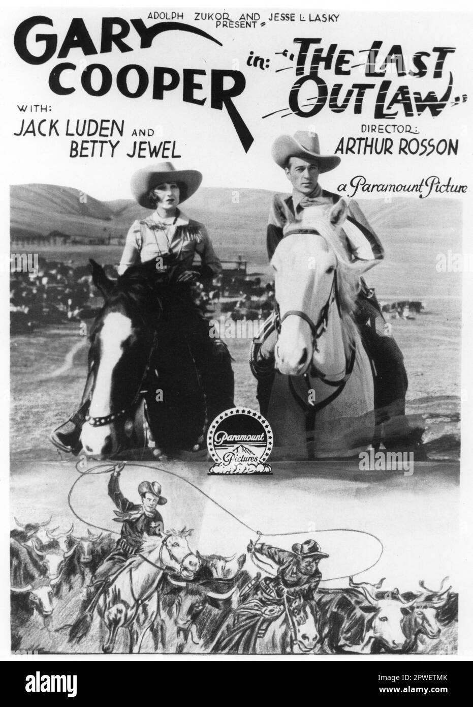 Poster Art of GARY COOPER and BETTY JEWEL for the Silent Western THE LAST OUTLAW 1927 Director ARTHUR ROSSON Paramount Pictures Stock Photo