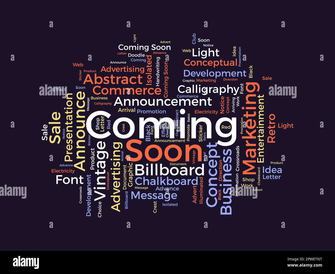 Word cloud background concept for coming soon. Business announcement with billboard, banner or poster. vector illustration. Stock Vector