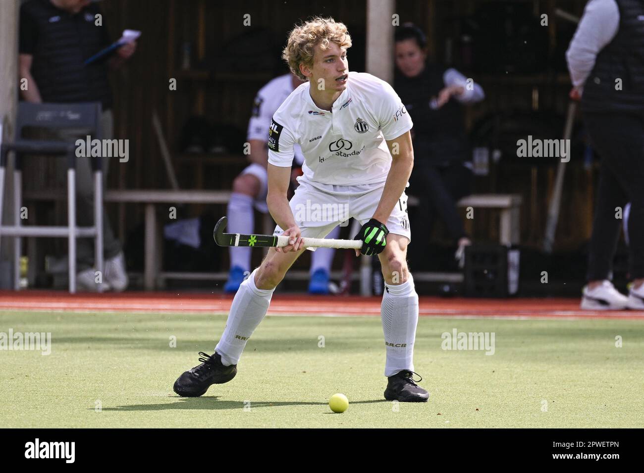 Waterloo, Belgium. 30th Apr, 2023. Racing's Gaspard Xavier pictured in action during a hockey game between Waterloo Ducks HC and Royal Racing Club de Bruxelles, Sunday 30 April 2023 in Waterloo, on day 20 of the Belgian Men Hockey League season 2022-2023. BELGA PHOTO LAURIE DIEFFEMBACQ Credit: Belga News Agency/Alamy Live News Stock Photo