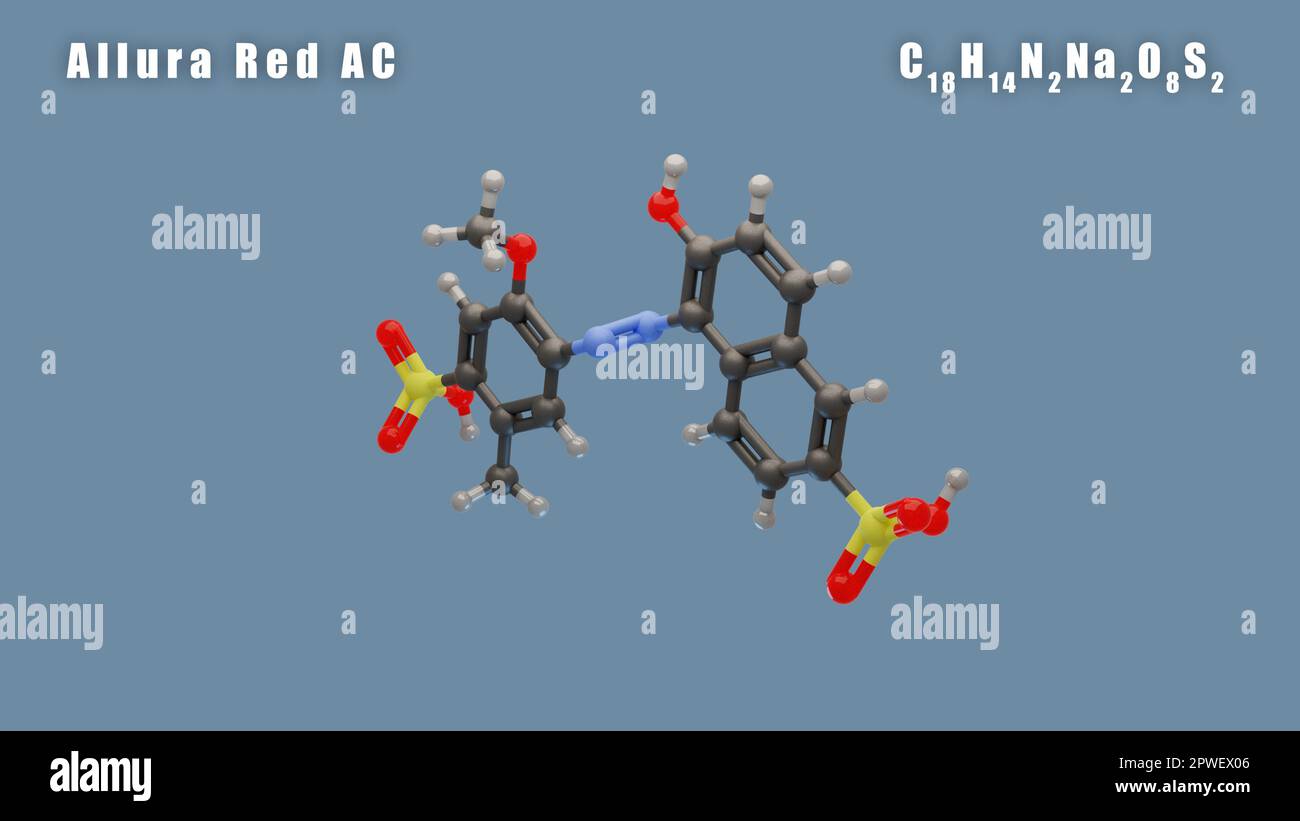 Allura Red AC molecule of C18H14N2Na2O8S2 3D Conformer render. Food  additive E129. Isolated background Stock Photo - Alamy