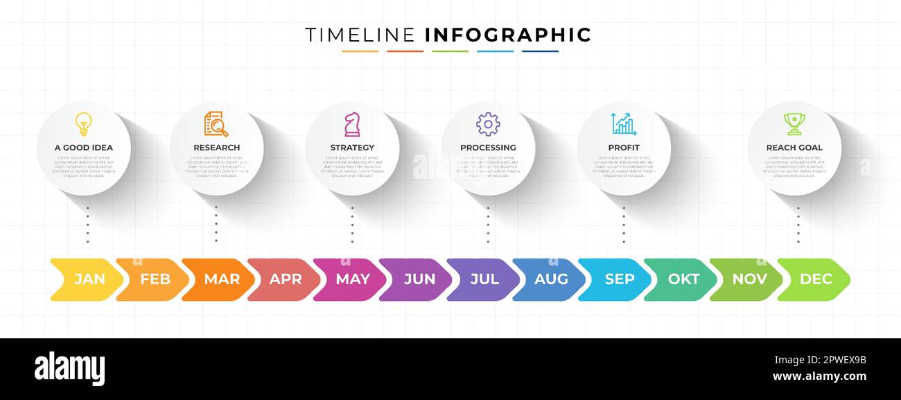 12 months timeline infographic design with 6 steps Stock Vector