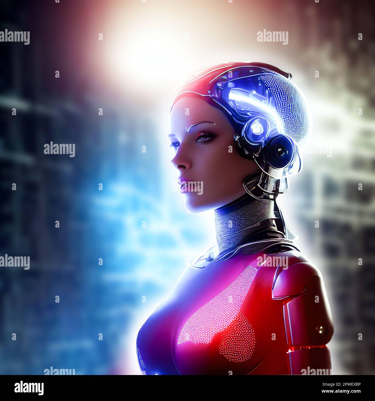 Girl seen in profile, robotically modified, cyborg with human features. Brain and connections. Latest generation robots. Robotic implants. Ai Stock Photo