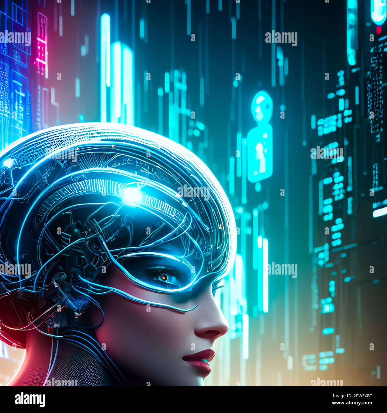 Girl seen in profile, robotically modified, cyborg with human features. Brain and connections. Latest generation robots. Robotic implants. Ai Stock Photo