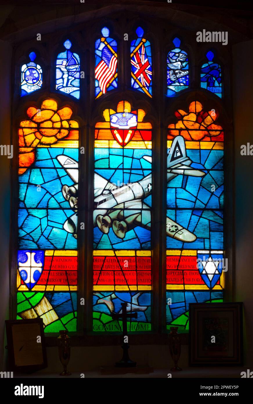 Stained glass window commemorating the USAAF 384th Bomb Group in Grafton Underwood, Kettering, UK Stock Photo