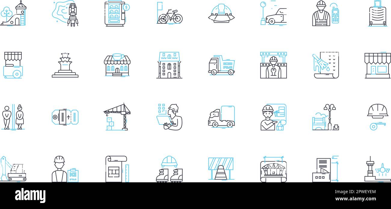 Urban landscape linear icons set. Concrete, Skyscrapers, Traffic, Pollution, Streets, Alleyways, Buildings line vector and concept signs. Bridges Stock Vector