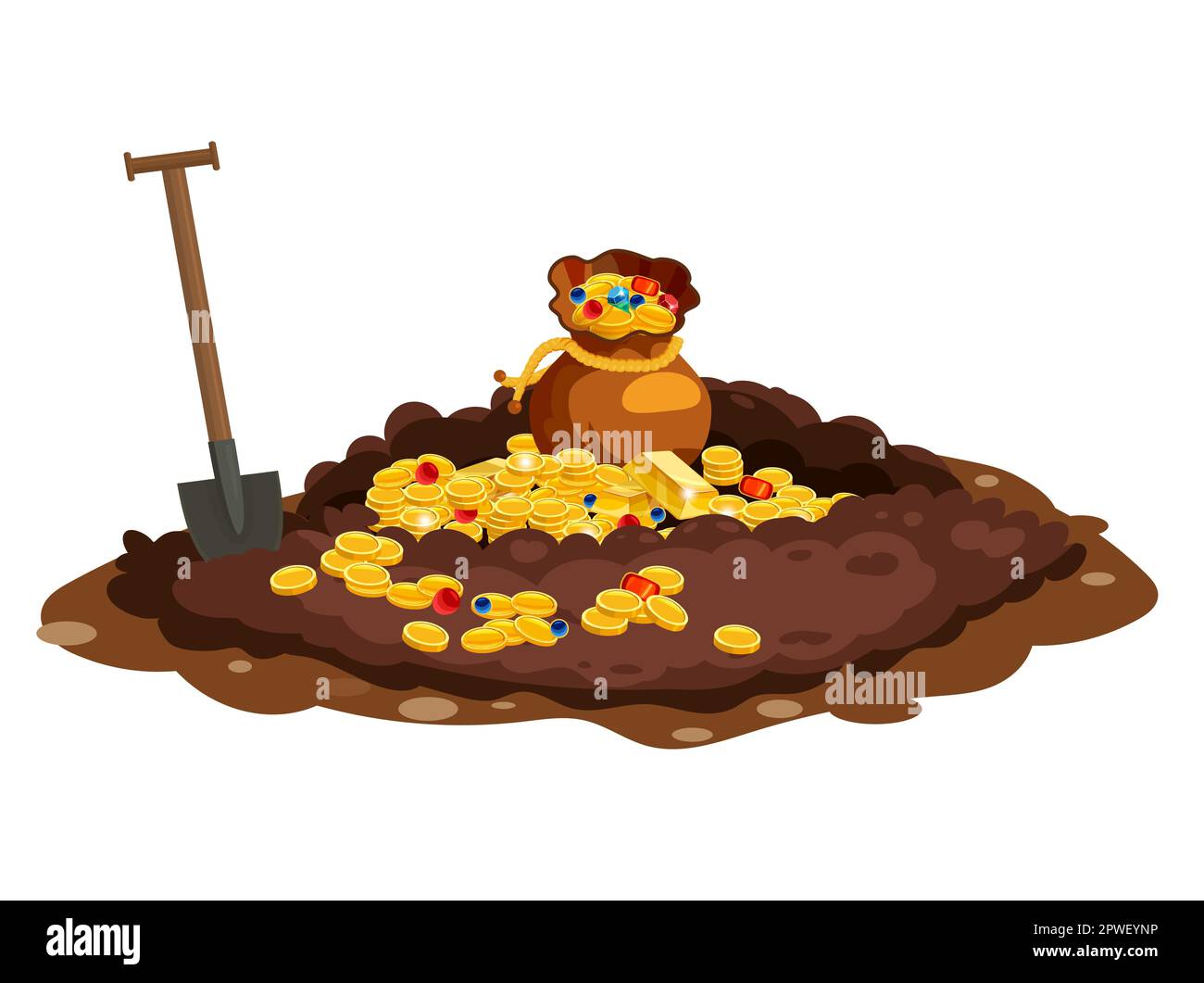 Treasure bag full of treasures, gold coins, Digging Hole in the ground