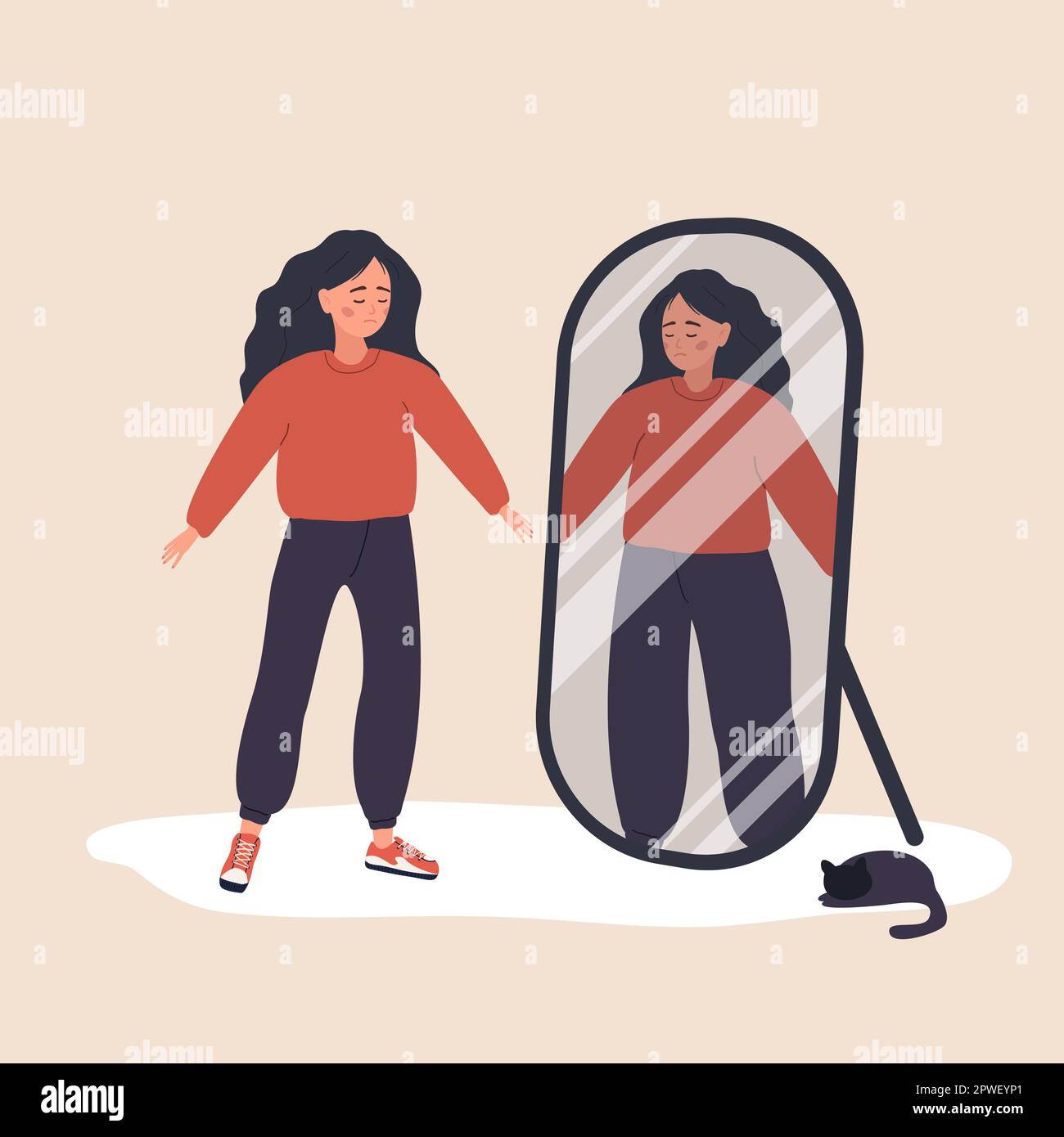 Eating disorder. Slim woman looking herself fat in mirror and feel insecure human. Rejection of yourself. Bulimia or anorexia. Girl with mental Stock Vector