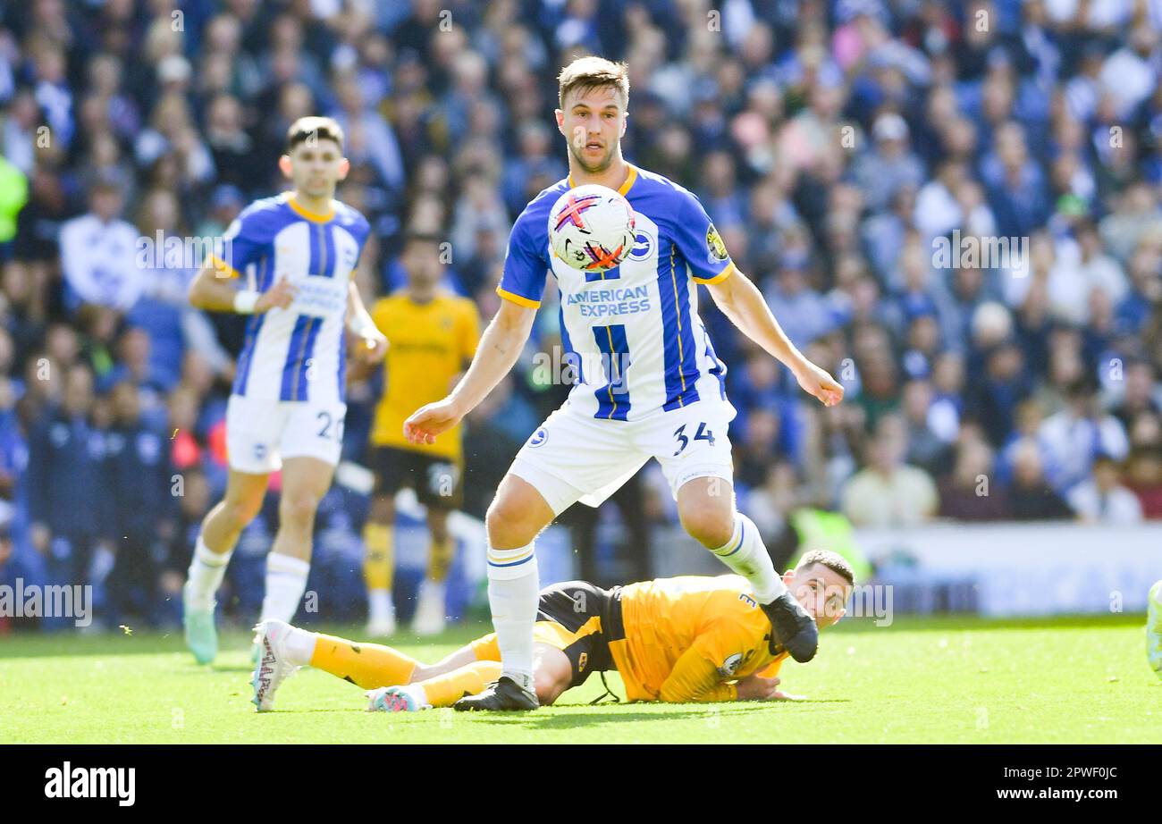 Joel Veltman of Brighton wins the ball during the Premier League match between Brighton & Hove Albion and Wolverhampton Wanderers at The American Express Community Stadium , Brighton , UK - 29th April 2023. Photo Simon Dack / Telephoto Images. Editorial use only. No merchandising. For Football images FA and Premier League restrictions apply inc. no internet/mobile usage without FAPL license - for details contact Football Dataco Stock Photo