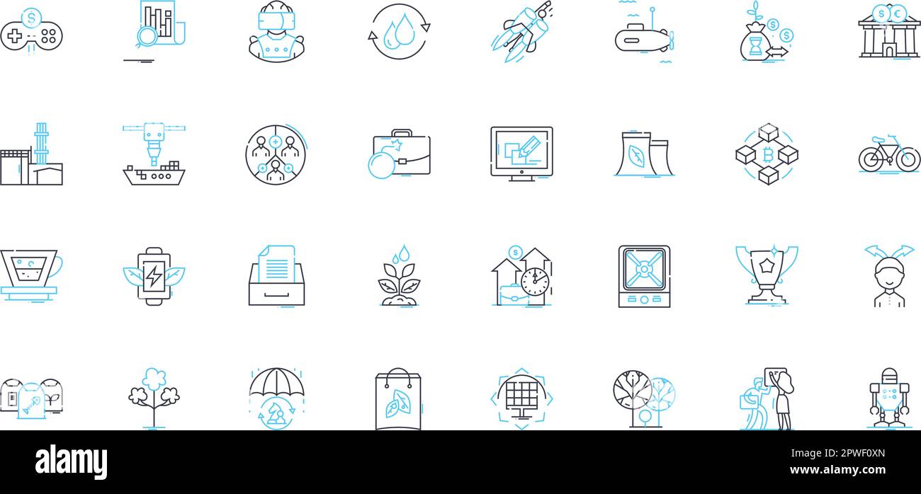 International trade linear icons set. Exchange, Import, Export, Tariffs, Customs, Supply chain, Free trade line vector and concept signs. Trade Stock Vector