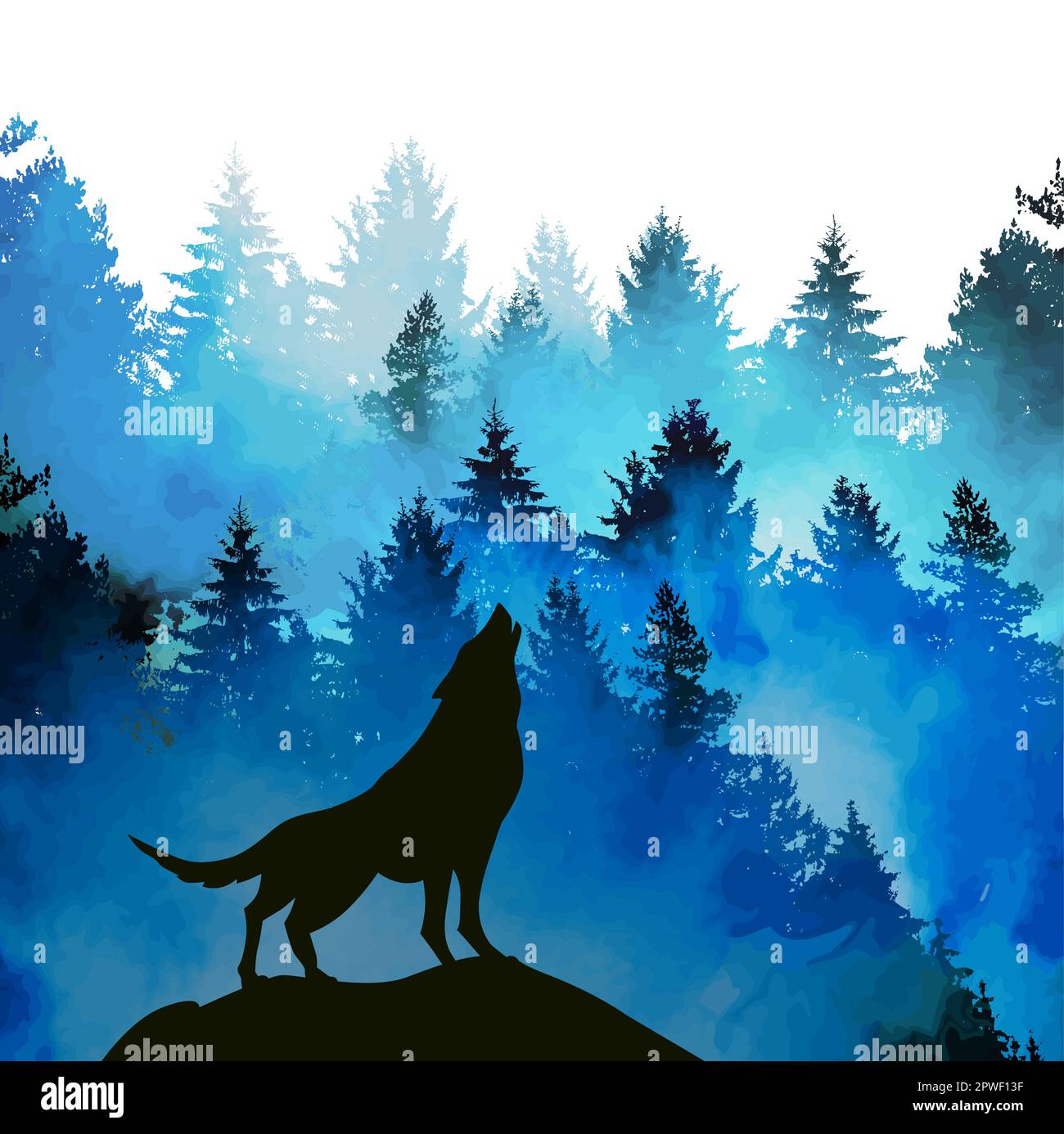 Wolf silhouette watercolor. Mixed media. Wolf howls in a blue forest