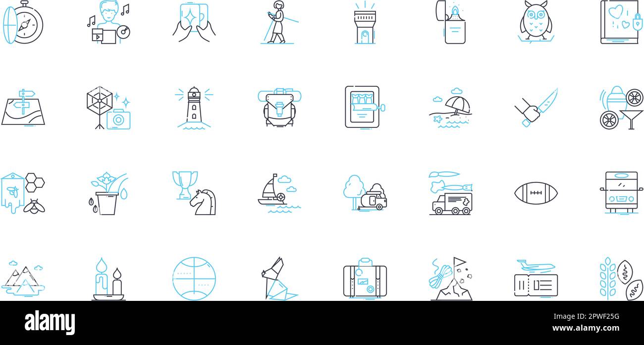 Pastimes linear icons set. Cooking, Painting, Hiking, Reading, Writing ...