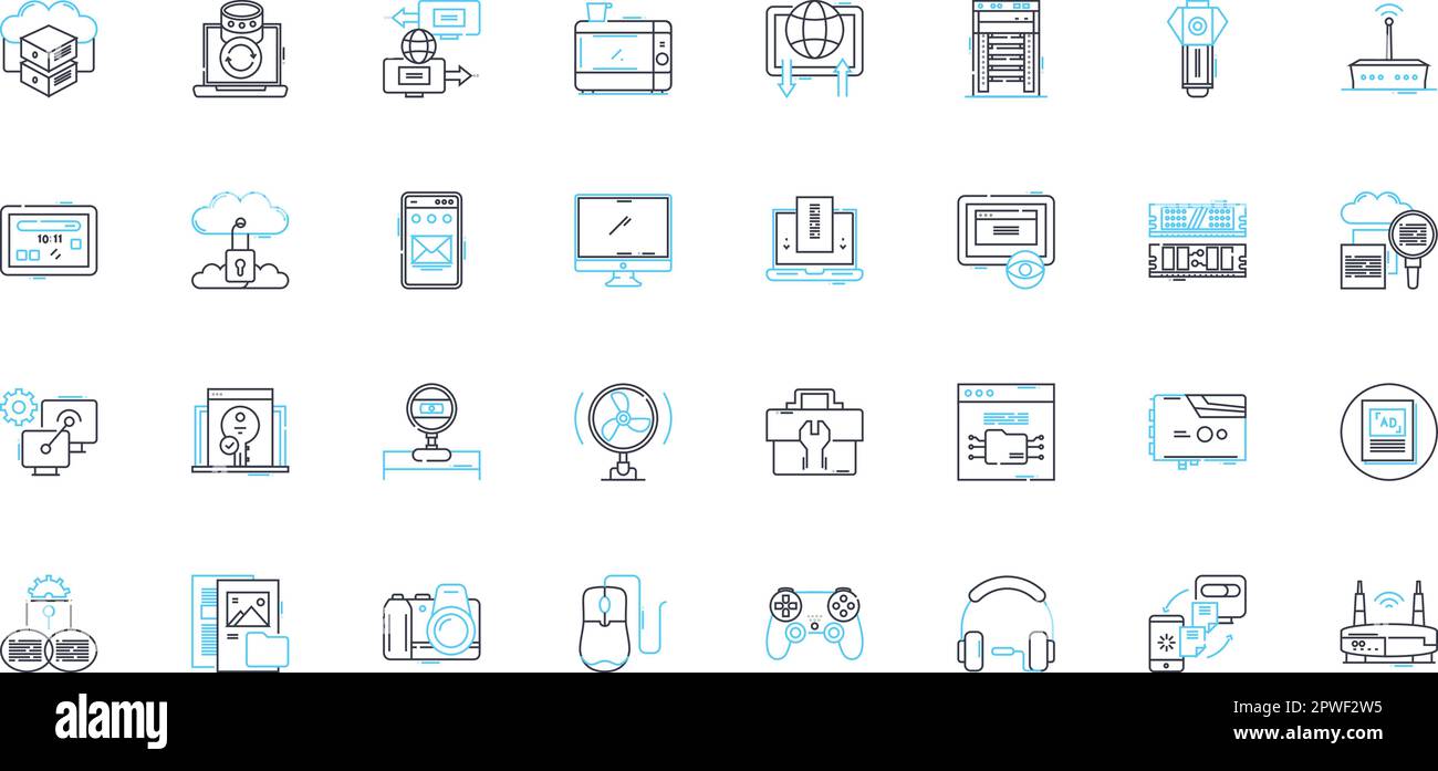 Computer parts linear icons set. Motherboard, Processor, Graphics card, RAM, Hard drive, SSD, Power supply line vector and concept signs. Fans,Cooling Stock Vector