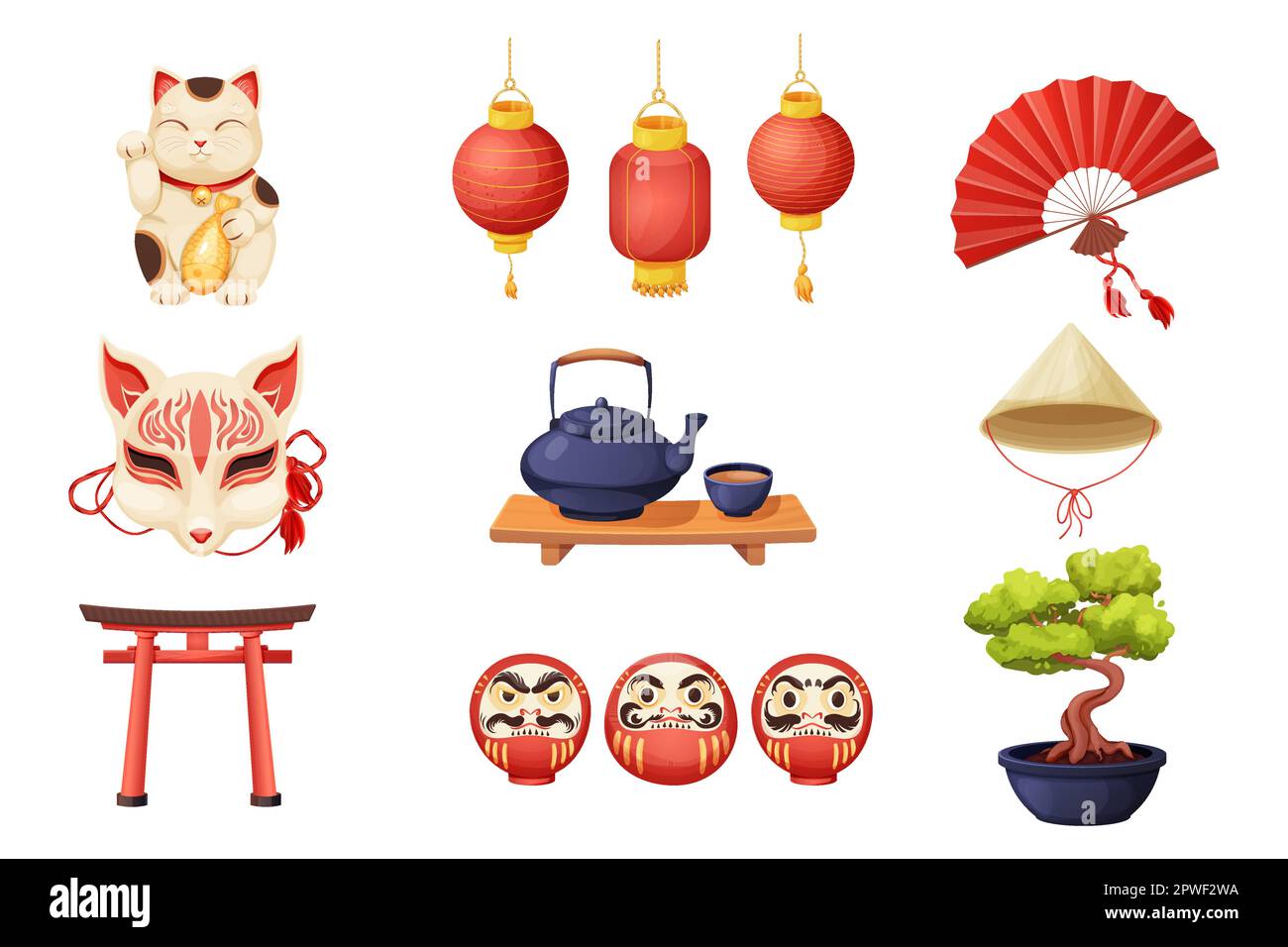 Set japanese kitsune mask, maneki neko cat, daruma doll with faces, kettle or teapot with cup on wooden table, hand fun, torii gate and conical bamboo hat in cartoon style isolated on white background. Vector illustration Stock Vector