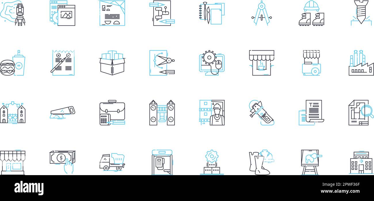 Design linear icons set. Creativity, Aesthetics, Innovation, Functionality, Simplicity, Typography, Colorfulness line vector and concept signs Stock Vector