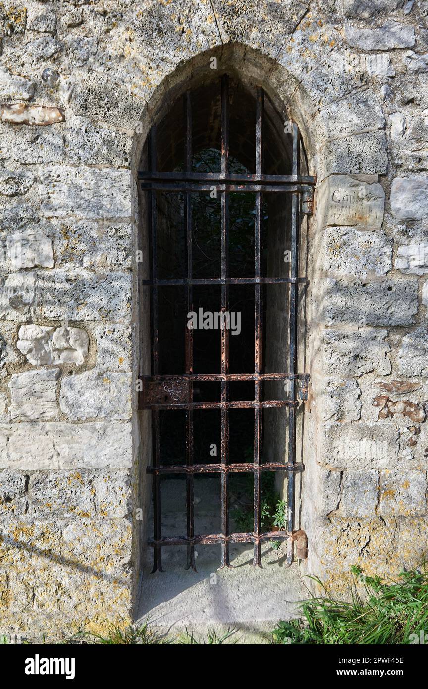 Steel barred entrance to Chateau Gaillard of King Richard I Coeur de Lion Stock Photo
