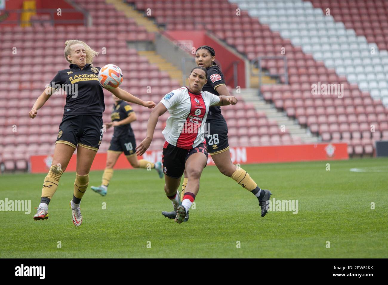 Southampton, UK. 30th Apr, 2023. Lexi Lloyd Smith (17 Southampton) and Charlotte Newsham (3 Sheffield) in action during the Barclays Womens Championship game between Southampton and Sheffield United at St Marys Stadium, Southampton, (Tom Phillips/SPP) Credit: SPP Sport Press Photo. /Alamy Live News Stock Photo