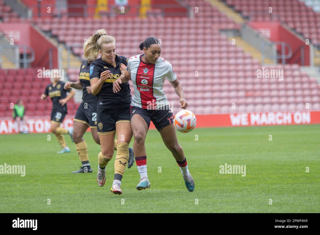 Southampton, UK. 30th Apr, 2023. Lexi Lloyd Smith (17 Southampton) and Charlotte Newsham (3 Sheffield) in action during the Barclays Womens Championship game between Southampton and Sheffield United at St Marys Stadium, Southampton, (Tom Phillips/SPP) Credit: SPP Sport Press Photo. /Alamy Live News Stock Photo