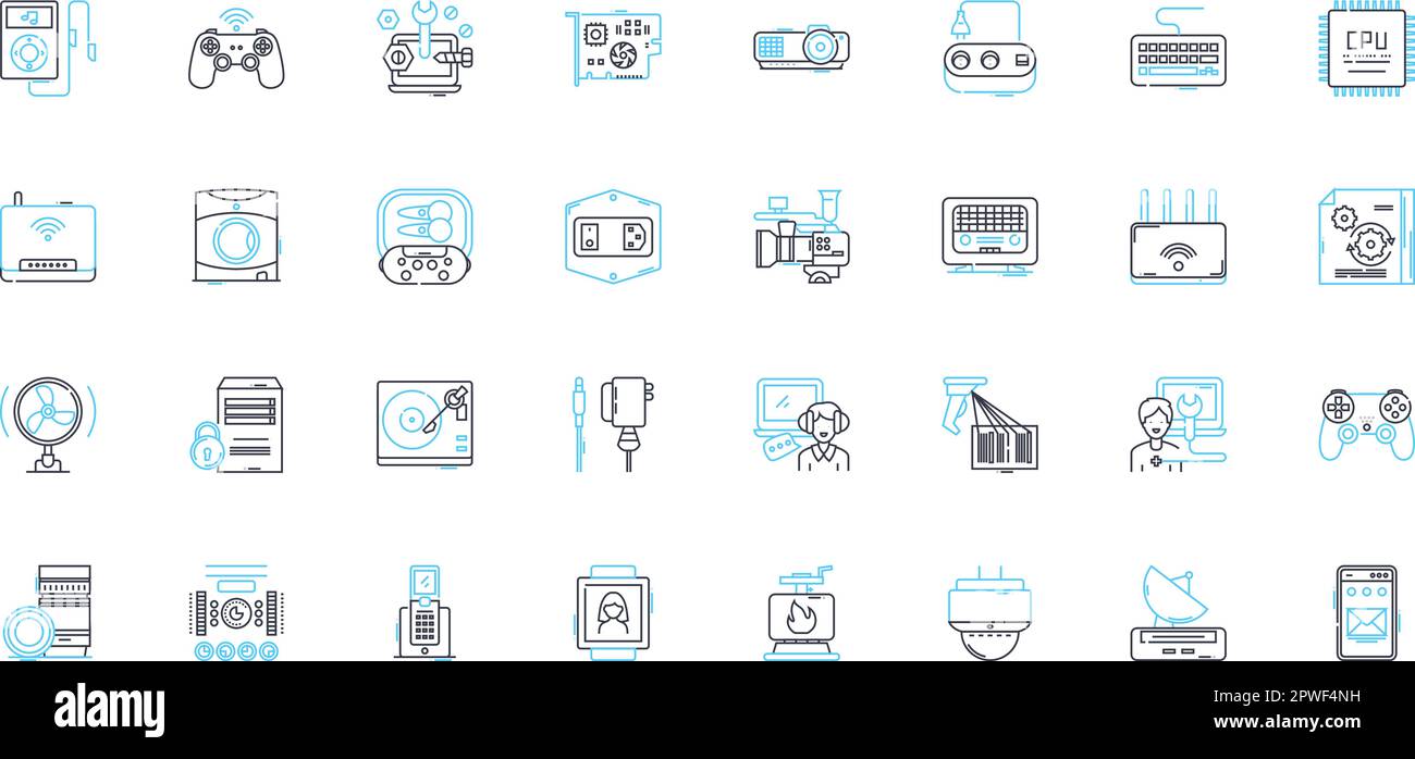 Technology tools linear icons set. Gadgets, Robotics, Nanotechnology, Virtualization, Artificial Intelligence, Automation, Augmented Reality line Stock Vector