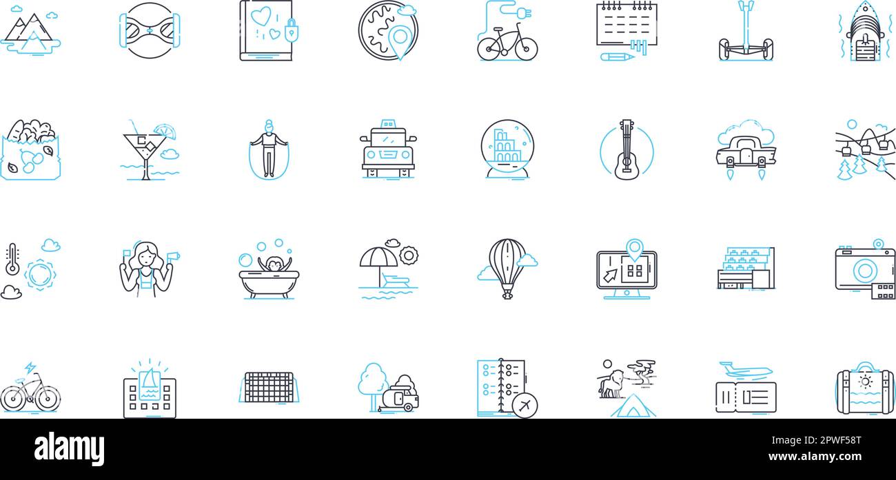 Journey linear icons set. Exploration, Odyssey, Adventure, Pilgrimage ...