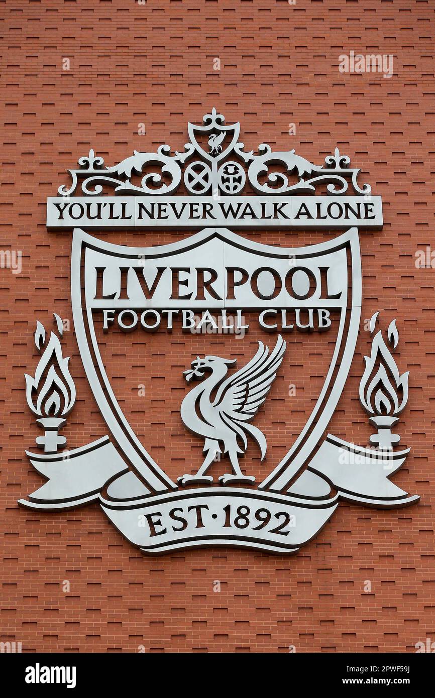 Liverpool, UK. 30th Apr, 2023. The Liverpool FC badge on the side of the stadium. Premier League match, Liverpool v Tottenham Hotspur at Anfield in Liverpool on Sunday 30th April 2023. this image may only be used for Editorial purposes. Editorial use only, license required for commercial use. No use in betting, games or a single club/league/player publications. pic by Chris Stading/Andrew Orchard sports photography/Alamy Live news Credit: Andrew Orchard sports photography/Alamy Live News Stock Photo