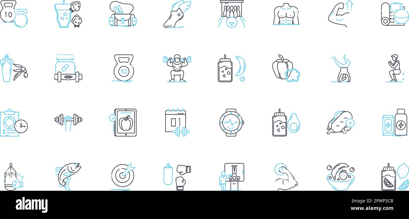 Healthiness linear icons set. Nourishment, Vitality, Fitness, Nutrition, Wellness, Wholesomeness, Strength line vector and concept signs. Energy Stock Vector