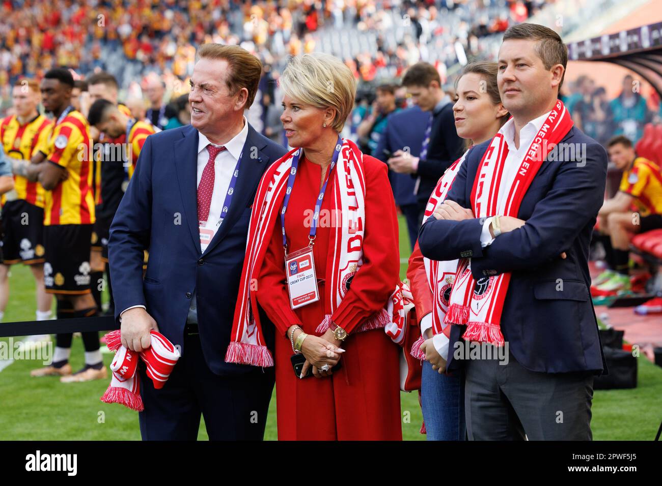 Brussels, Belgium. 30th Apr, 2023. Ghelamco CEO Paul Gheysens and his partner Ria, his daughter Marie-Julie Gheysens pictured during the Belgian Cup final (Croky Cup) match between Belgian first league soccer teams KV Mechelen and RAFC Antwerp, Sunday 30 April 2023 at the King Baudouin stadium in Brussels. BELGA PHOTO KURT DESPLENTER Credit: Belga News Agency/Alamy Live News Stock Photo