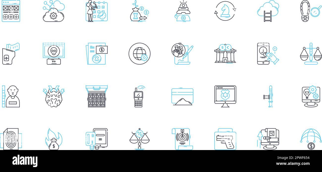 Deception linear icons set. Fraud, Concealment, Deceit, Trickery, Duplicity, Misleading, Falsification line vector and concept signs. Pretense Stock Vector