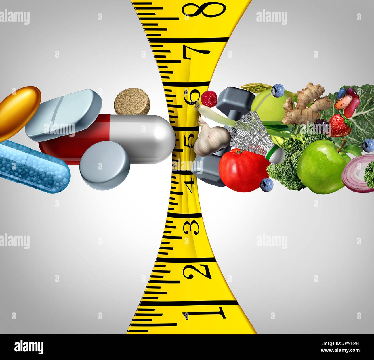 Weight loss challenge as Obesity prescription drug and pharmaceutical diet pills versus eating healthy food and execising to lose pounds as a health Stock Photo