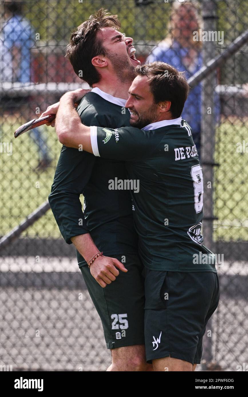 Waterloo, Belgium. 30th Apr, 2023. Watduck's Gaetan Dykmans celebrates after scoring during a hockey game between Waterloo Ducks HC and Royal Racing Club de Bruxelles, Sunday 30 April 2023 in Waterloo, on day 20 of the Belgian Men Hockey League season 2022-2023. BELGA PHOTO LAURIE DIEFFEMBACQ Credit: Belga News Agency/Alamy Live News Stock Photo