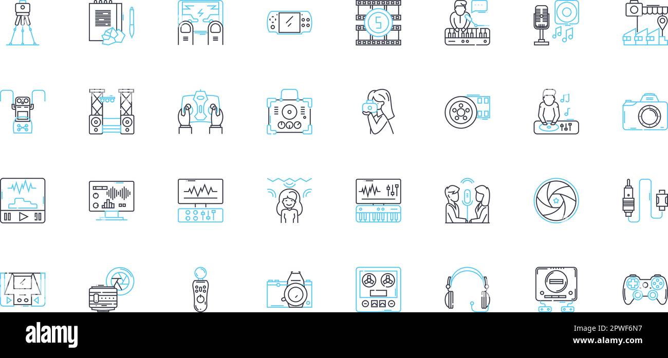 Music production linear icons set. Studio, Mix, Master, Beat, Synth, Arrangement, Composition line vector and concept signs. Remix,Instrumental,Vocals Stock Vector