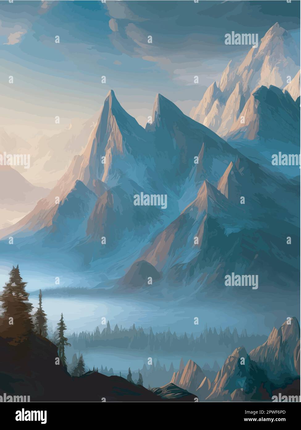 Vector magical mountain range landscape. Wild nature with coniferous ...