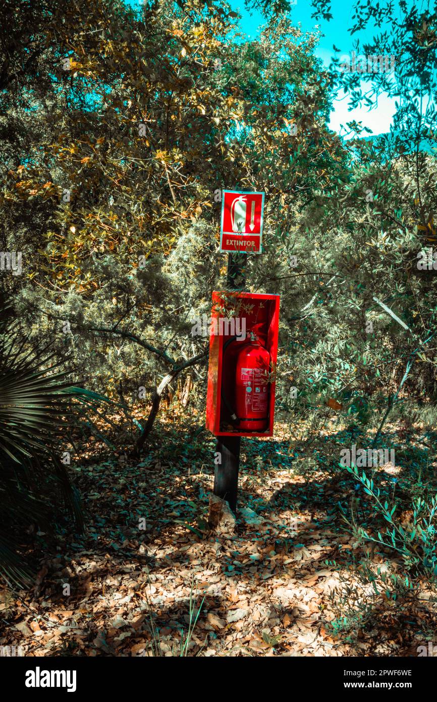 A fire extinguisher (in spanish extintor) installed in the middle of the forest to prevent fires Stock Photo