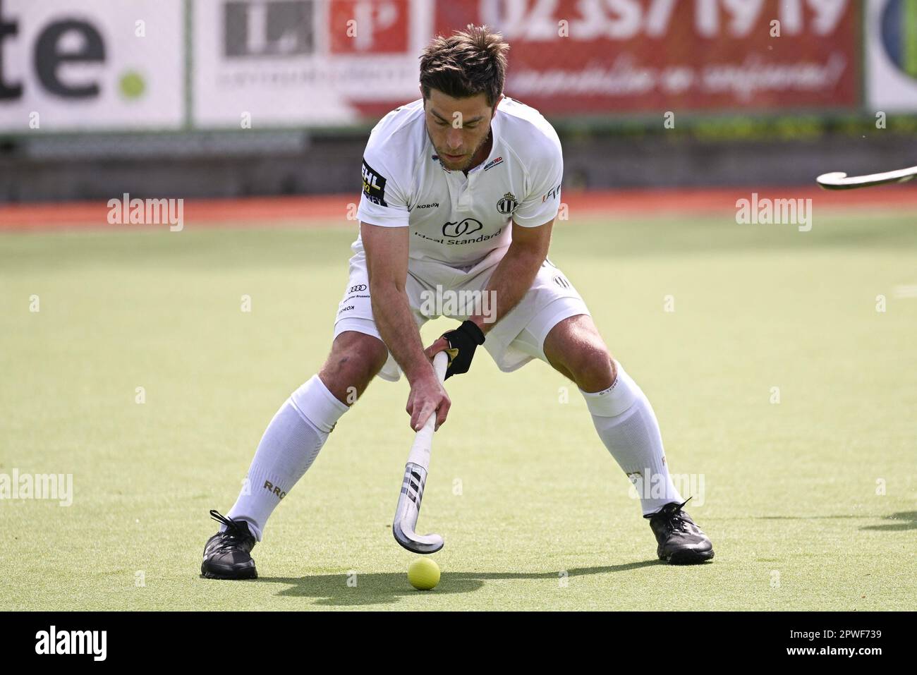 Waterloo, Belgium. 30th Apr, 2023. Racing's Cedric Charlier pictured in action during a hockey game between Waterloo Ducks HC and Royal Racing Club de Bruxelles, Sunday 30 April 2023 in Waterloo, on day 20 of the Belgian Men Hockey League season 2022-2023. BELGA PHOTO LAURIE DIEFFEMBACQ Credit: Belga News Agency/Alamy Live News Stock Photo