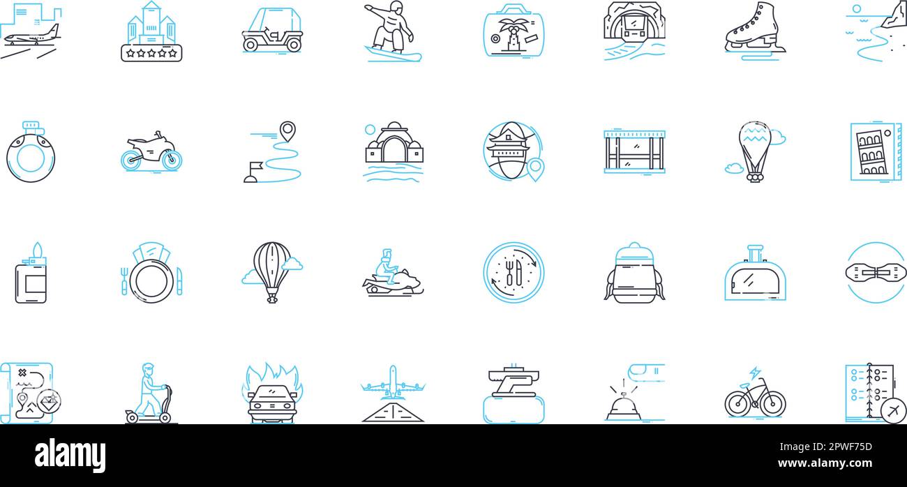 Business trip linear icons set. Travel, Meeting, Conference, Seminar, Teamwork, Nerking, Presentation line vector and concept signs. Flight Stock Vector
