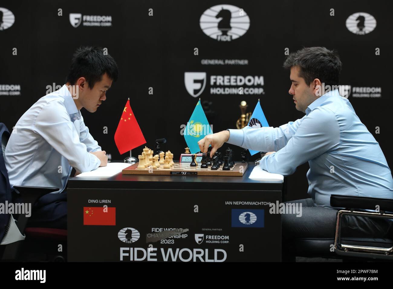 Astana, Kazakhstan. 30th Apr, 2023. China's Ding Liren (L) and