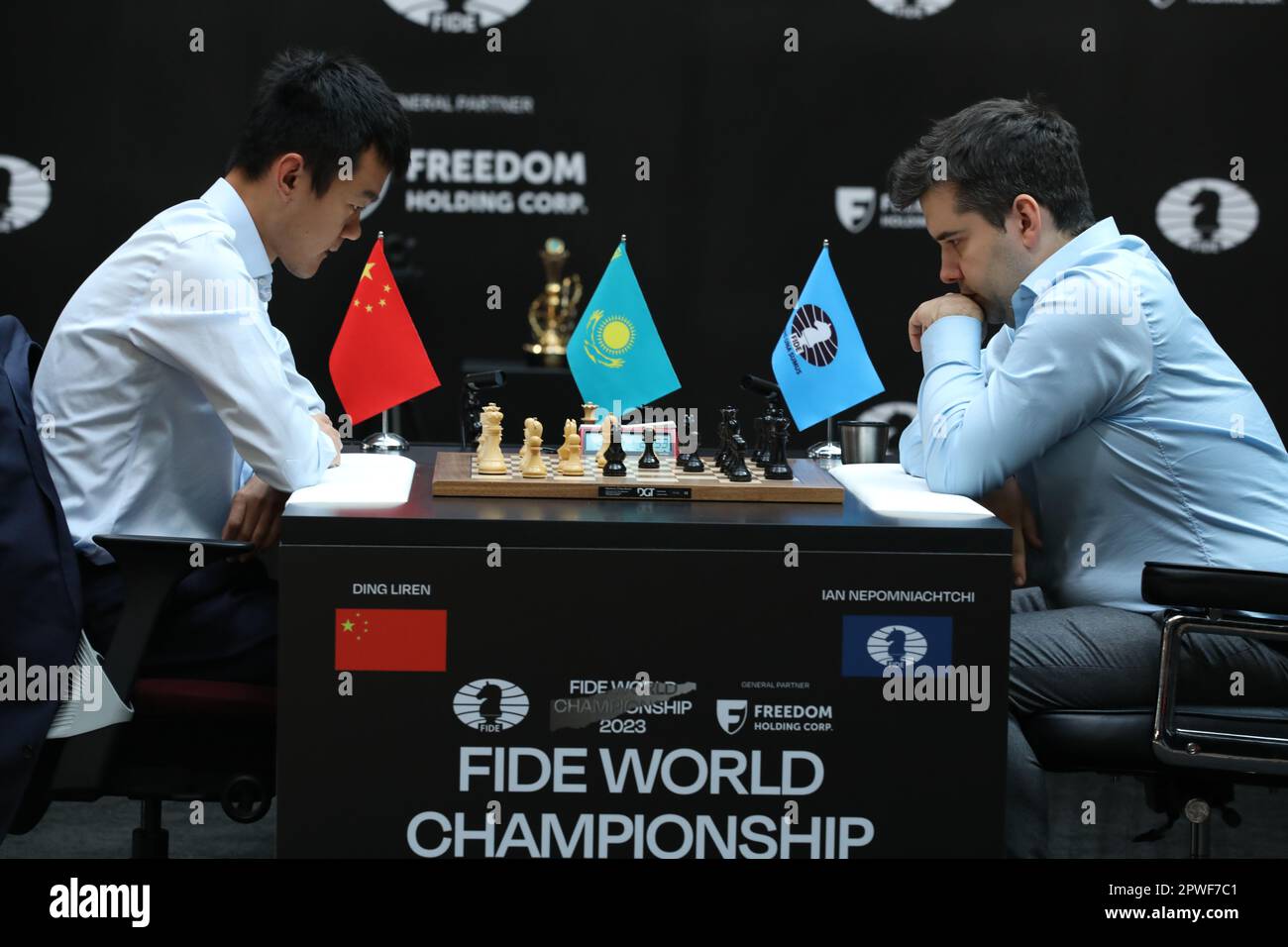 Astana, Kazakhstan. 30th Apr, 2023. China's Ding Liren (L) and