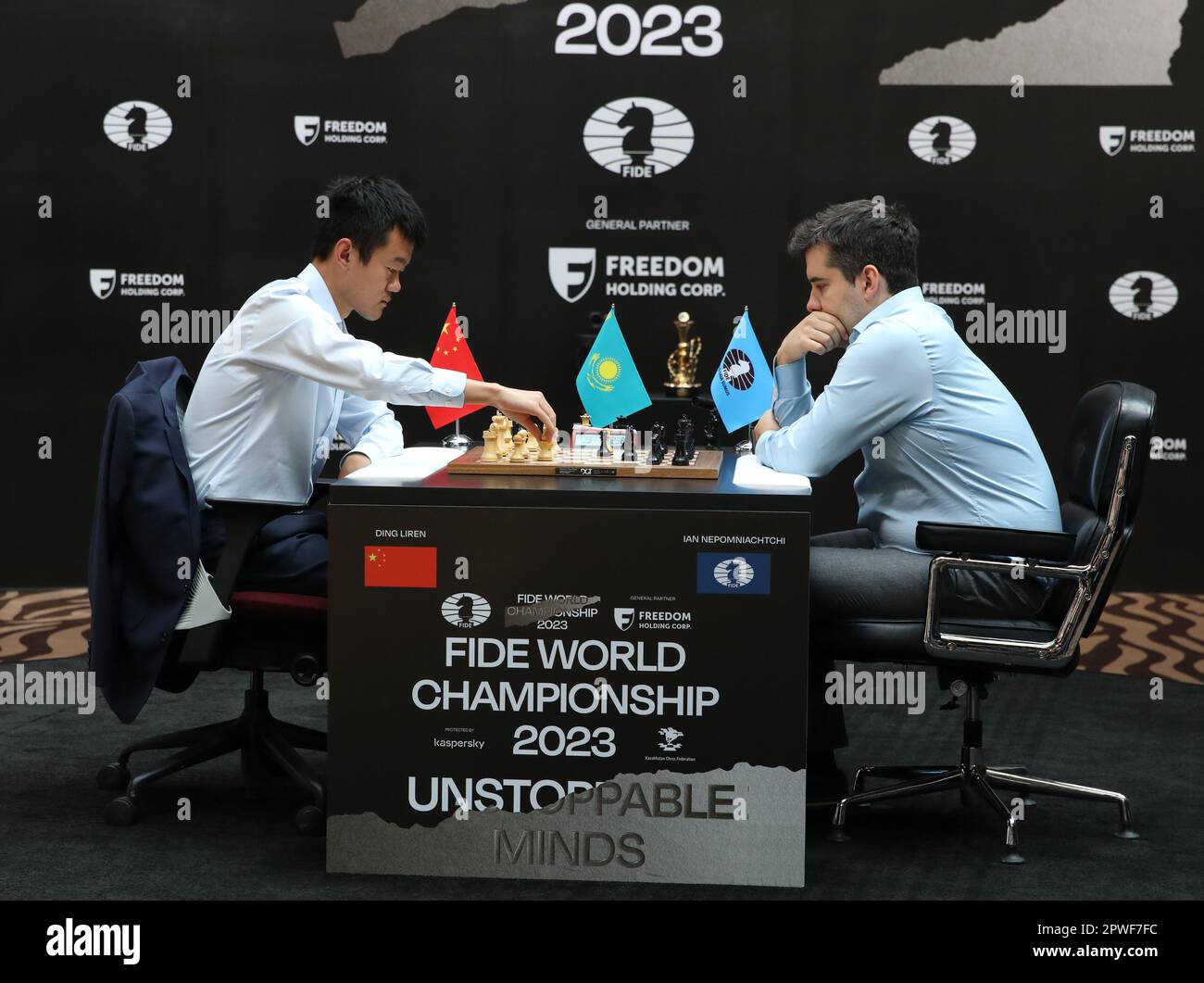 Astana, Kazakhstan. 30th Apr, 2023. China's Ding Liren (L) and