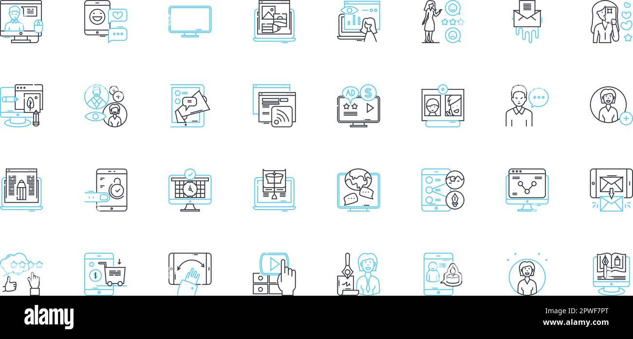 Digital technique linear icons set. Algorithm, Automation, Big data, Blockchain, Cloud, Coding, Cybersecurity line vector and concept signs. Data Stock Vector