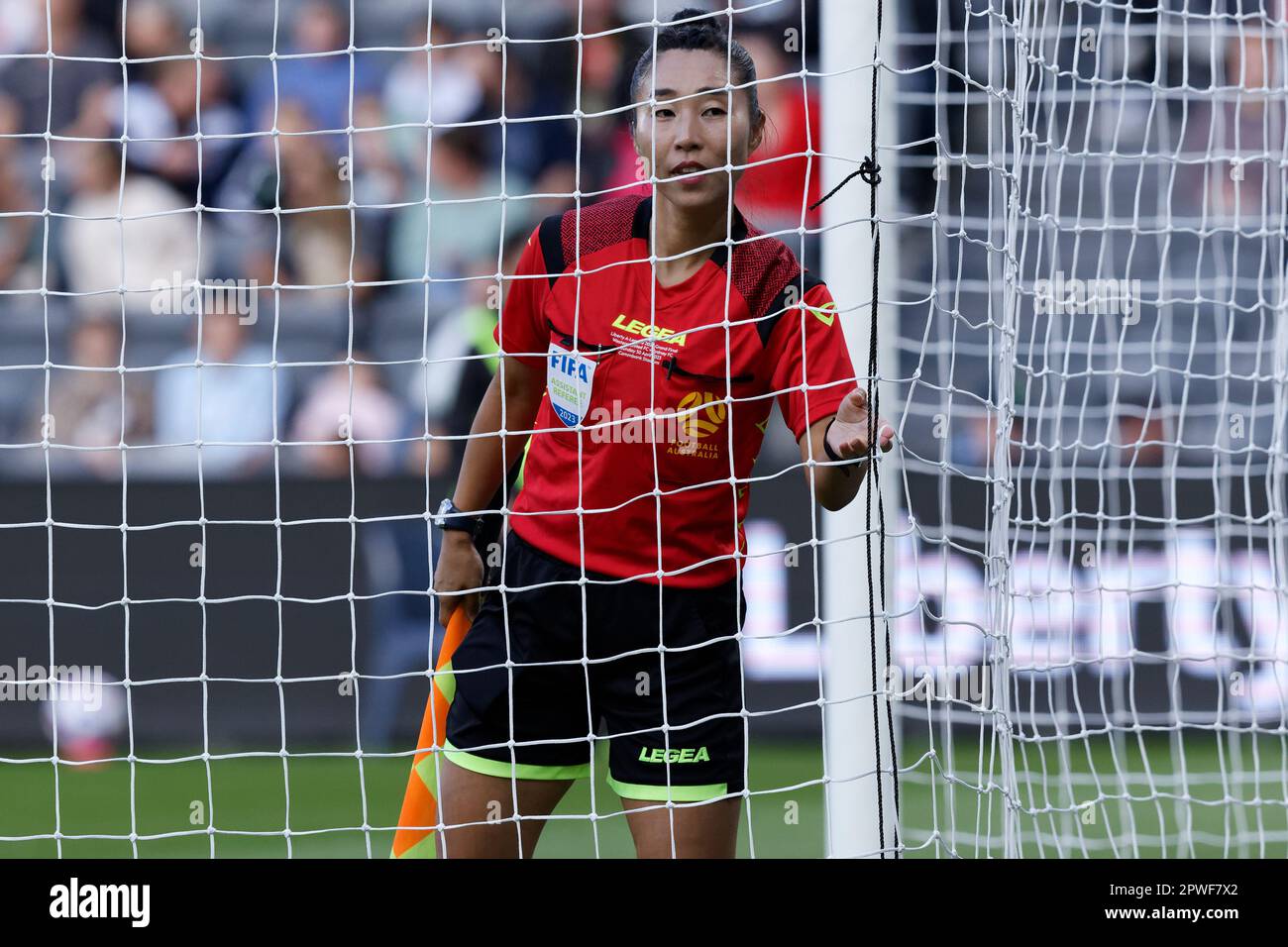 Sydney, Australia. 30th Apr, 2023. Assistant referee, Mi Suk Park checks the nets before the Grand Final match between Western United and Sydney FC at CommBank Stadium on April 30, 2023 in Sydney, Australia Credit: IOIO IMAGES/Alamy Live News Stock Photo