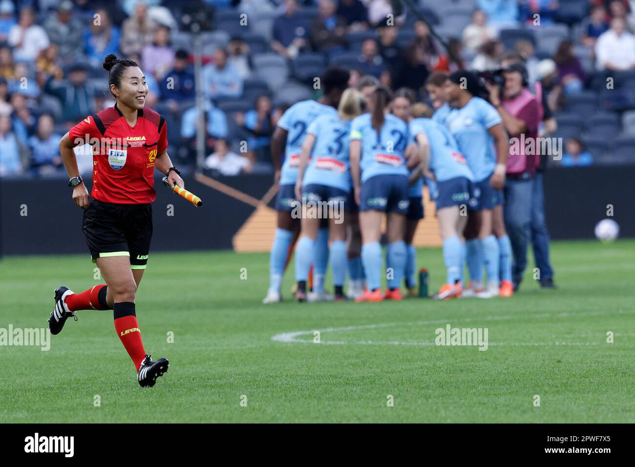 Sydney, Australia. 30th Apr, 2023. Assistant referee, Mi Suk Park runs to check the nets before the Grand Final match between Western United and Sydney FC at CommBank Stadium on April 30, 2023 in Sydney, Australia Credit: IOIO IMAGES/Alamy Live News Stock Photo