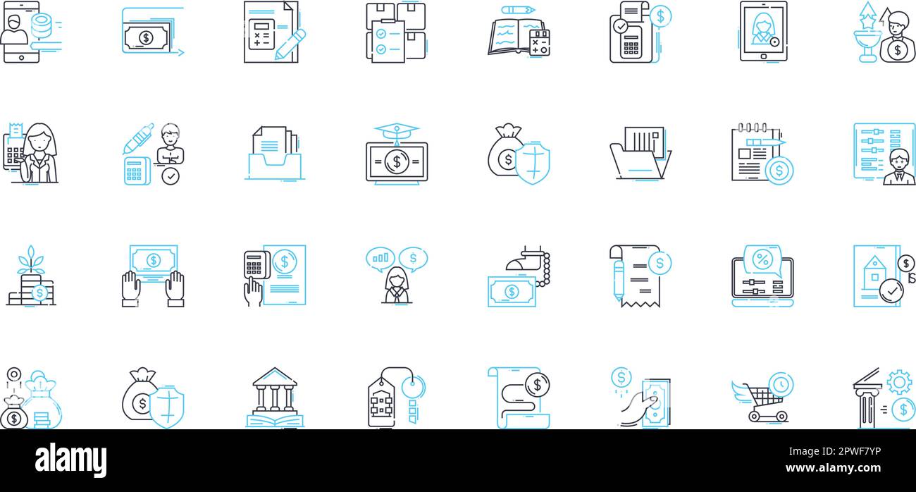 Budgeting strategy linear icons set. Allocation, Frugal, Planning, Analysis, Limits, Saving, Forecasting line vector and concept signs. Prioritization Stock Vector
