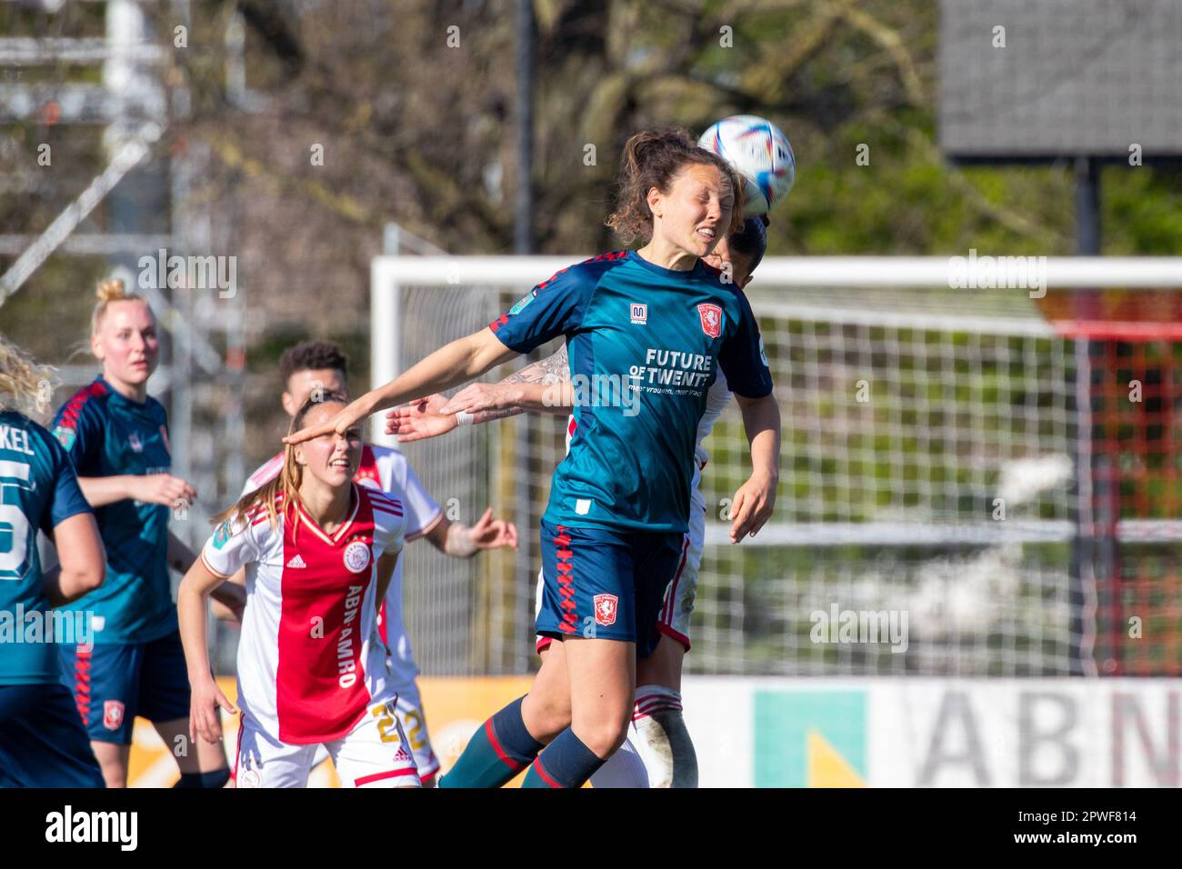 Amsterdam, The Netherlands. 29th Apr, 2023. Amsterdam, the Netherlands, April 29th 2023: Fenna Kalma (9 Twente) battles for a header during the Azerion Eredivisie Vrouwen game between Ajax and Twente at De Toekmost in Amsterdam, the Netherlands. (Leiting Gao/SPP) Credit: SPP Sport Press Photo. /Alamy Live News Stock Photo