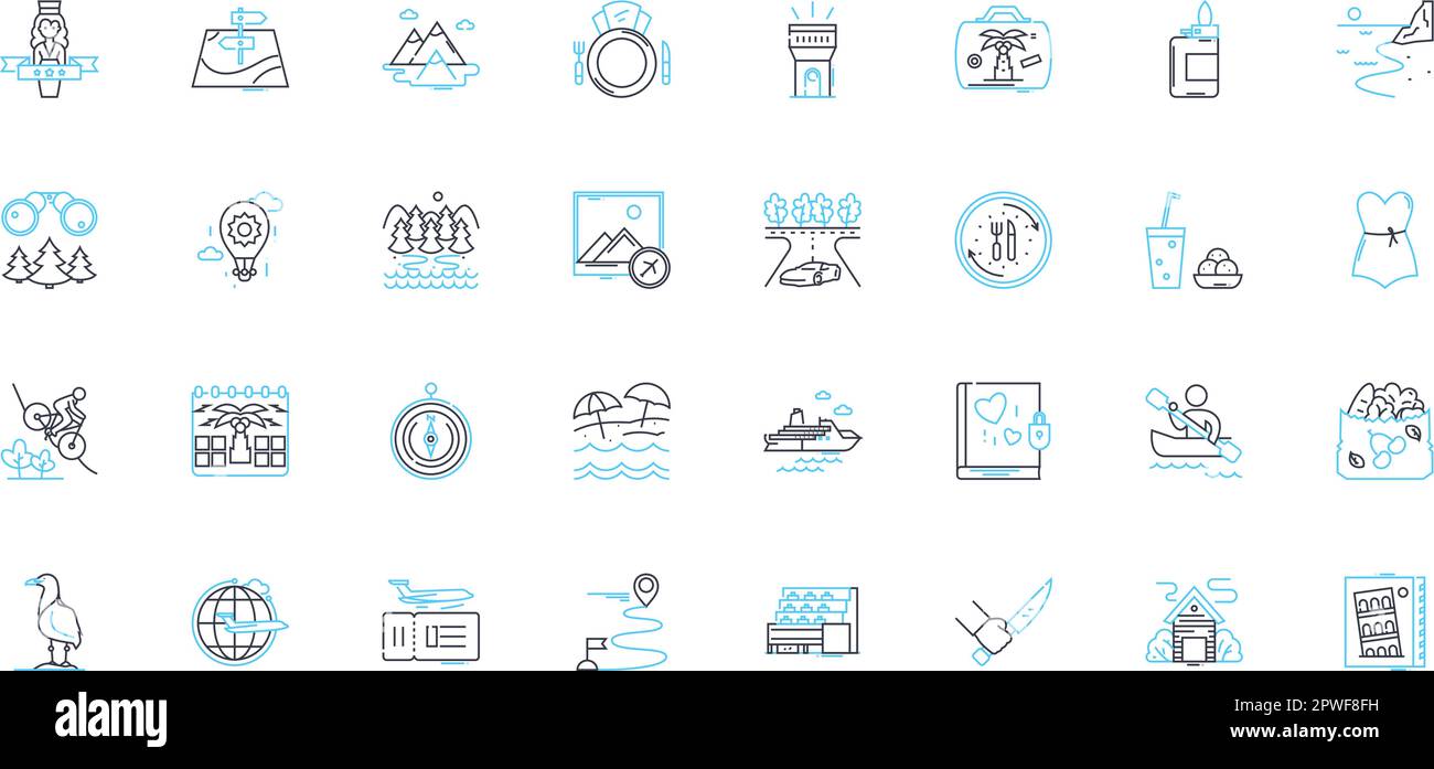 Beach vacation linear icons set. Sand, Waves, Sunscreen, Ocean, Seashells, Surfing, Tanning line vector and concept signs. Relaxation,Swimming Stock Vector