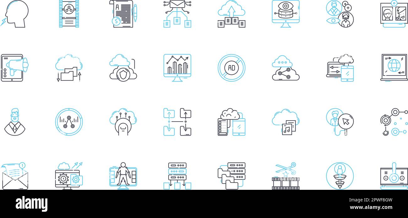 Digital applications linear icons set. Innovation, Interaction, Integration, Automation, Communication, Connectivity, Efficiency line vector and Stock Vector