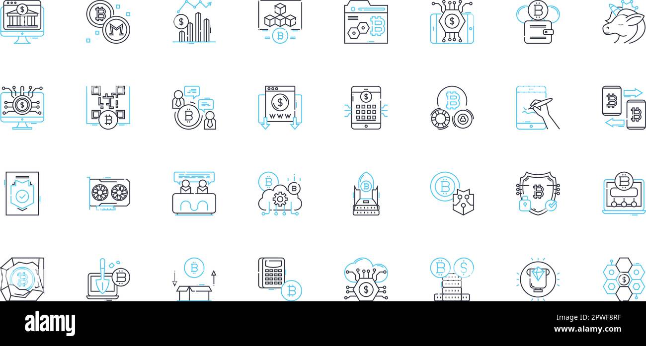 Blockchain technology linear icons set. Decentralization, Cryptocurrency, Security, Transparency, Smart contracts, Immutable, Distributed line vector Stock Vector