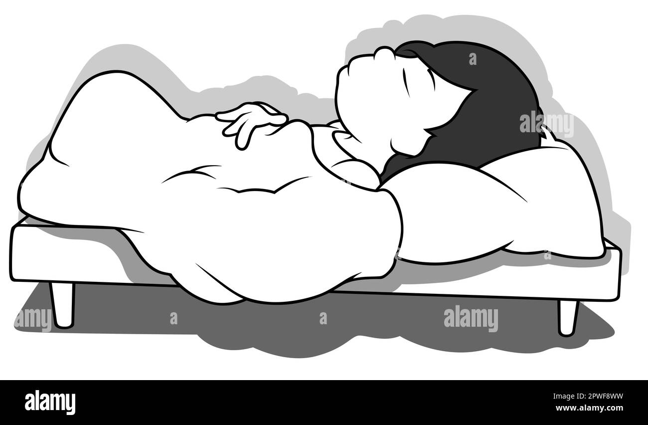 Drawing of a Black-haired Boy Sleeping in Bed Stock Vector