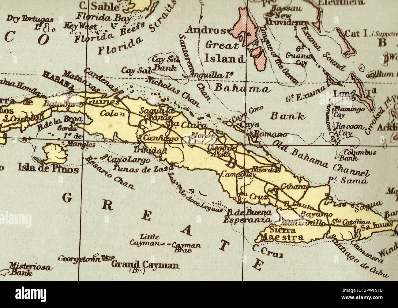 A vintage sepia coloured map of Cuba. Stock Photo