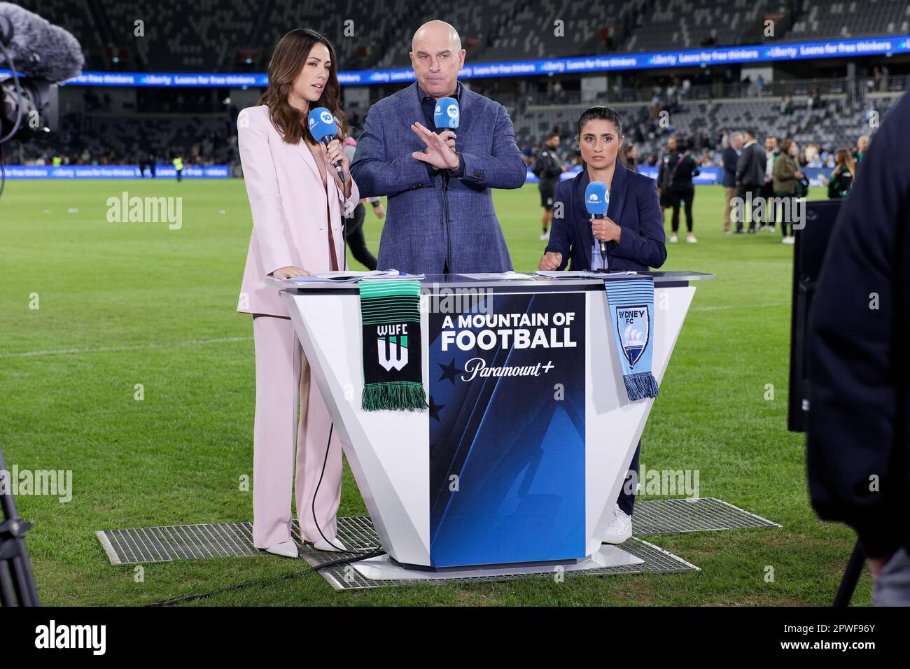 Sydney, Australia. 30th Apr, 2023. Ten Sports hosts, Tara Rushton, Andy Harper and Teresa Polias commentating after the Grand Final match between Western United and Sydney at CommBank Stadium on April 30, 2023 in Sydney, Australia Credit: IOIO IMAGES/Alamy Live News Stock Photo