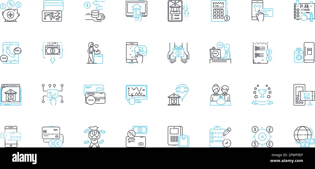 Income and earnings linear icons set. Wages, Salary, Compensation, Remuneration, Earnings, Income, Pay line vector and concept signs. Stipend Stock Vector
