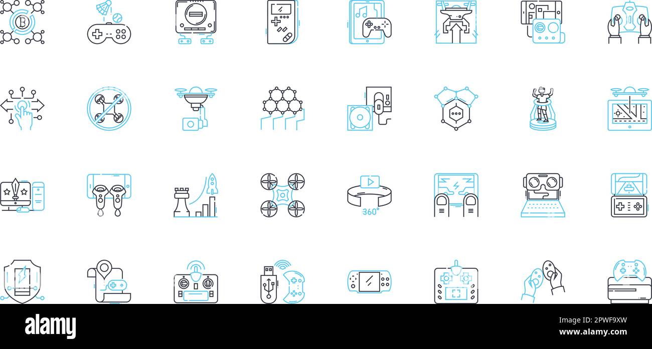 Digital innovation linear icons set. Disruptive, Agile, Scalable, Automated, Game-changing, Progressive, Futuristic line vector and concept signs Stock Vector